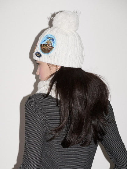 Achihara Cozy Soft Acrylic Knit Casual Round Top Badge Accent Women Beanie Hat