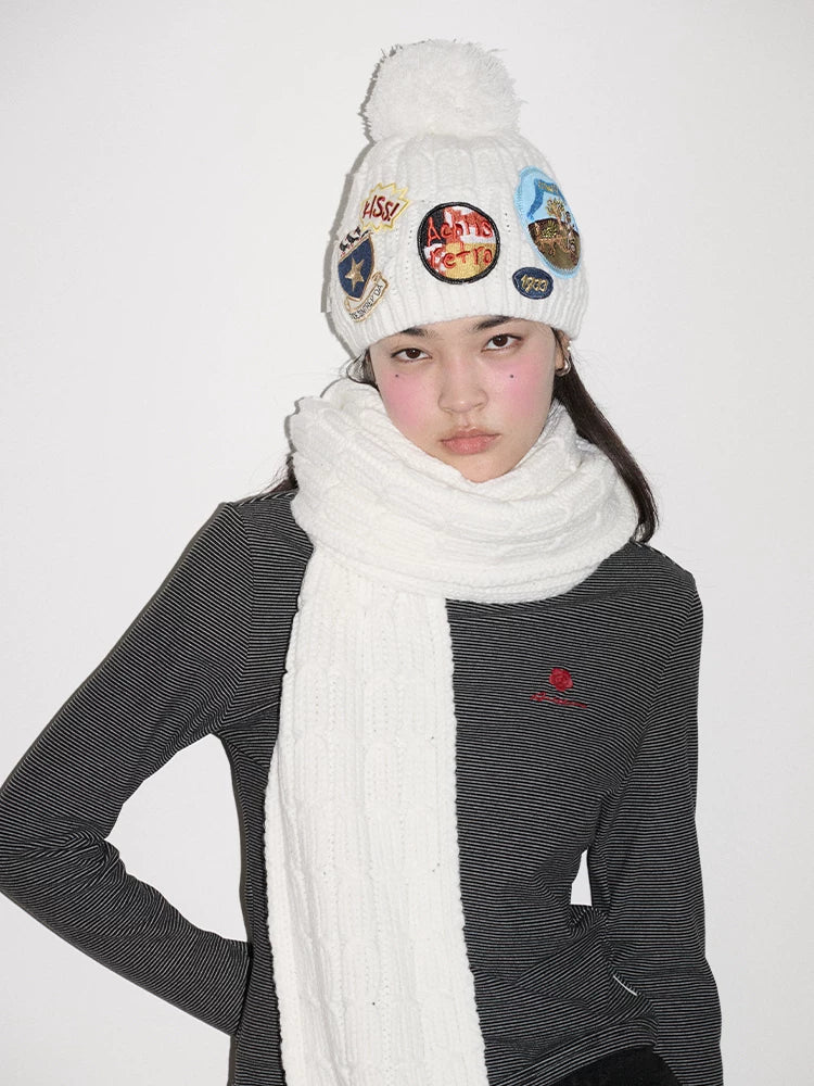 Achihara Cozy Soft Acrylic Knit Casual Round Top Badge Accent Women Beanie Hat-3
