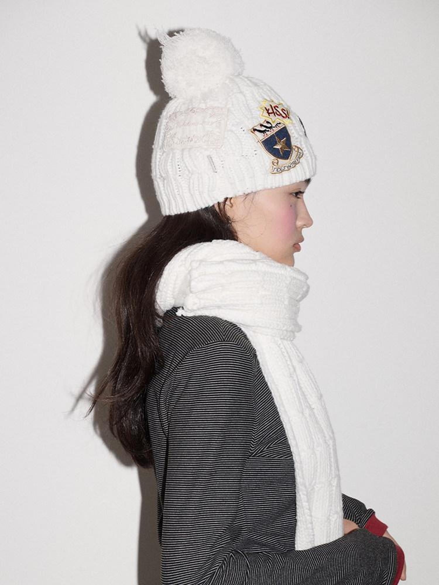 Achihara Cozy Soft Acrylic Knit Casual Round Top Badge Accent Women Beanie Hat