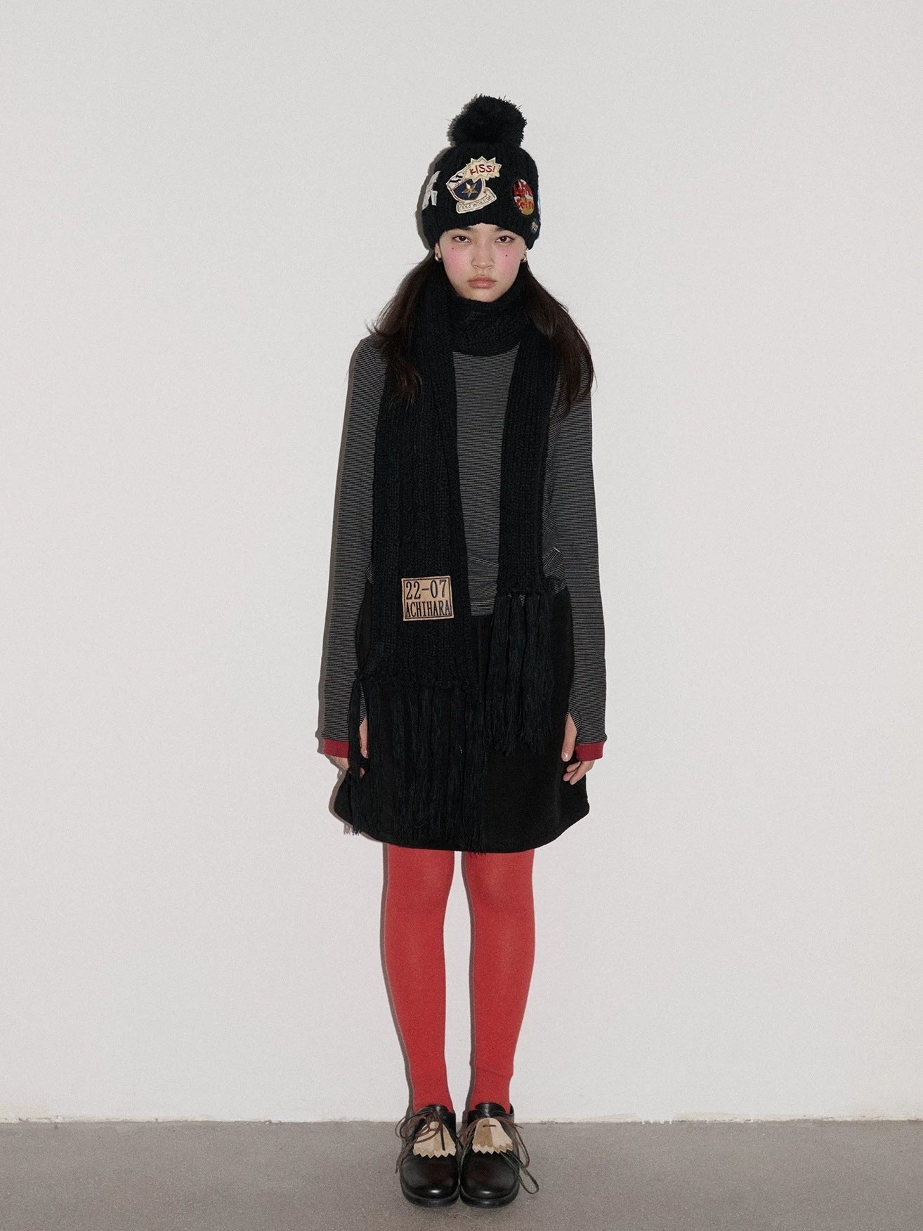 Achihara Cozy Soft Acrylic Knit Casual Round Top Badge Accent Women Beanie Hat