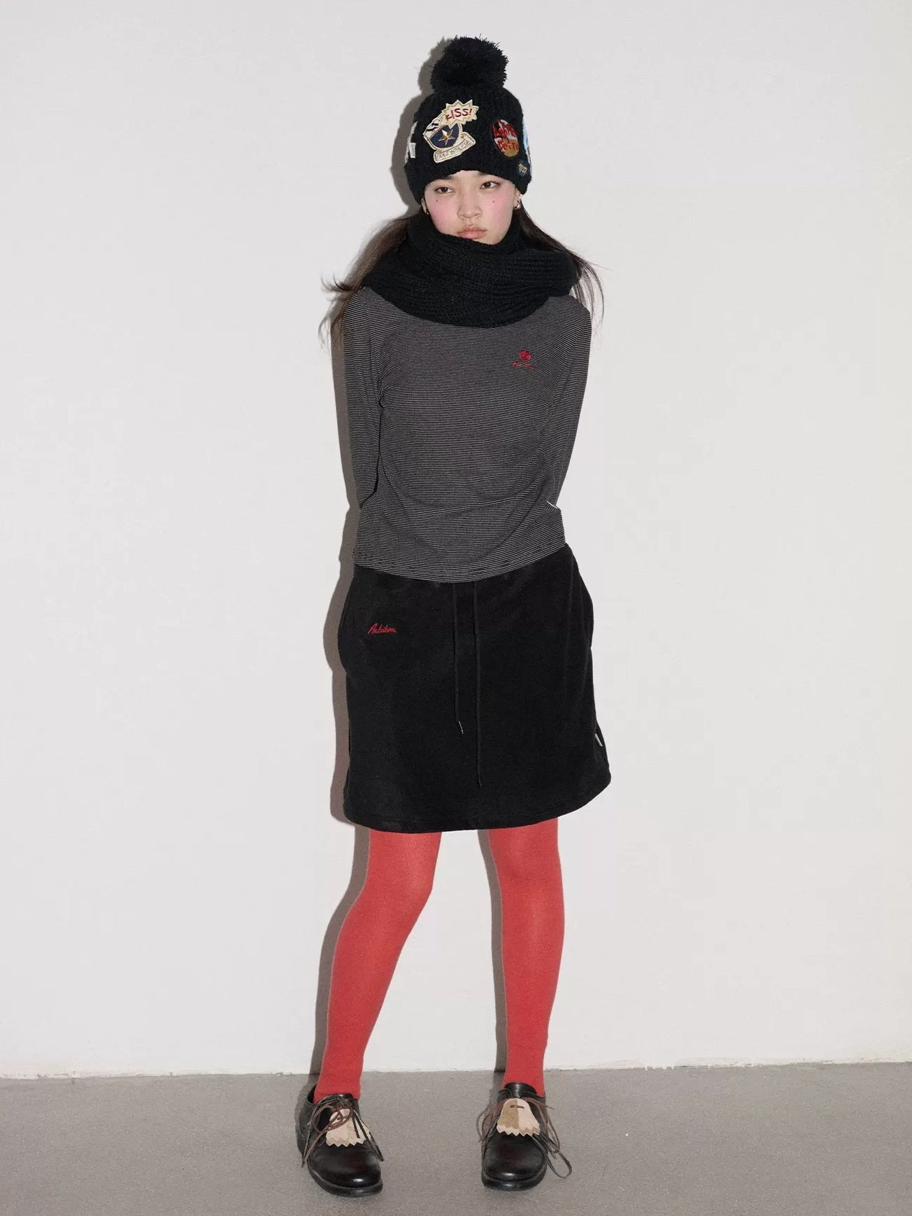 Achihara Cozy Soft Acrylic Knit Casual Round Top Badge Accent Women Beanie Hat