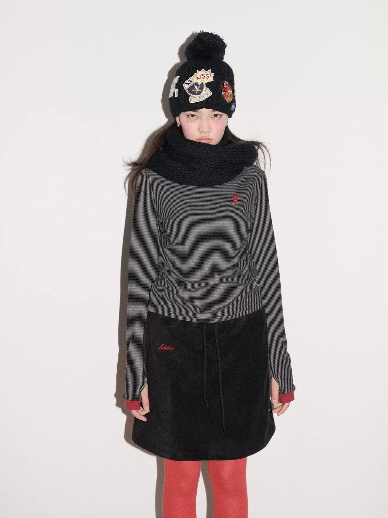 Achihara Cozy Soft Acrylic Knit Casual Round Top Badge Accent Women Beanie Hat