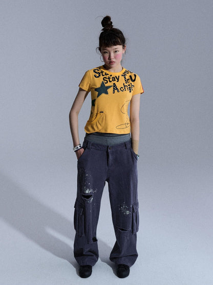 Achihara Cropped Letter Print Vintage Slim Crew Neck Women&