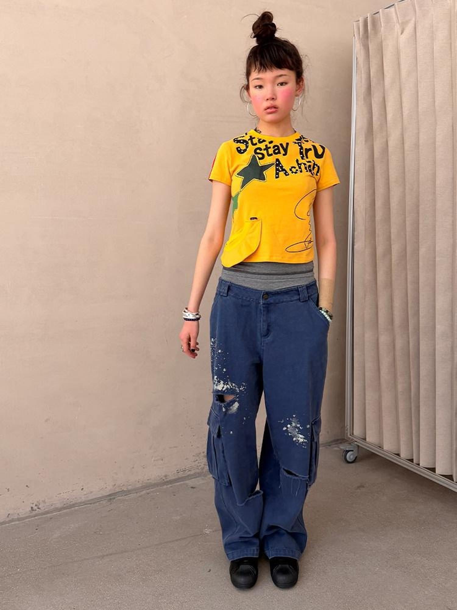 Achihara Cropped Letter Print Vintage Slim Crew Neck Women&