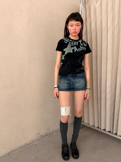 Achihara Cropped Letter Print Vintage Slim Crew Neck Women&