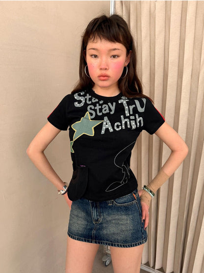 Achihara Cropped Letter Print Vintage Slim Crew Neck Women&
