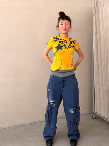 Achihara Cropped Letter Print Vintage Slim Crew Neck Women&