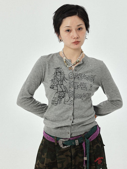 Achihara Cropped Manga Print Round Neck Loose Fit Women&