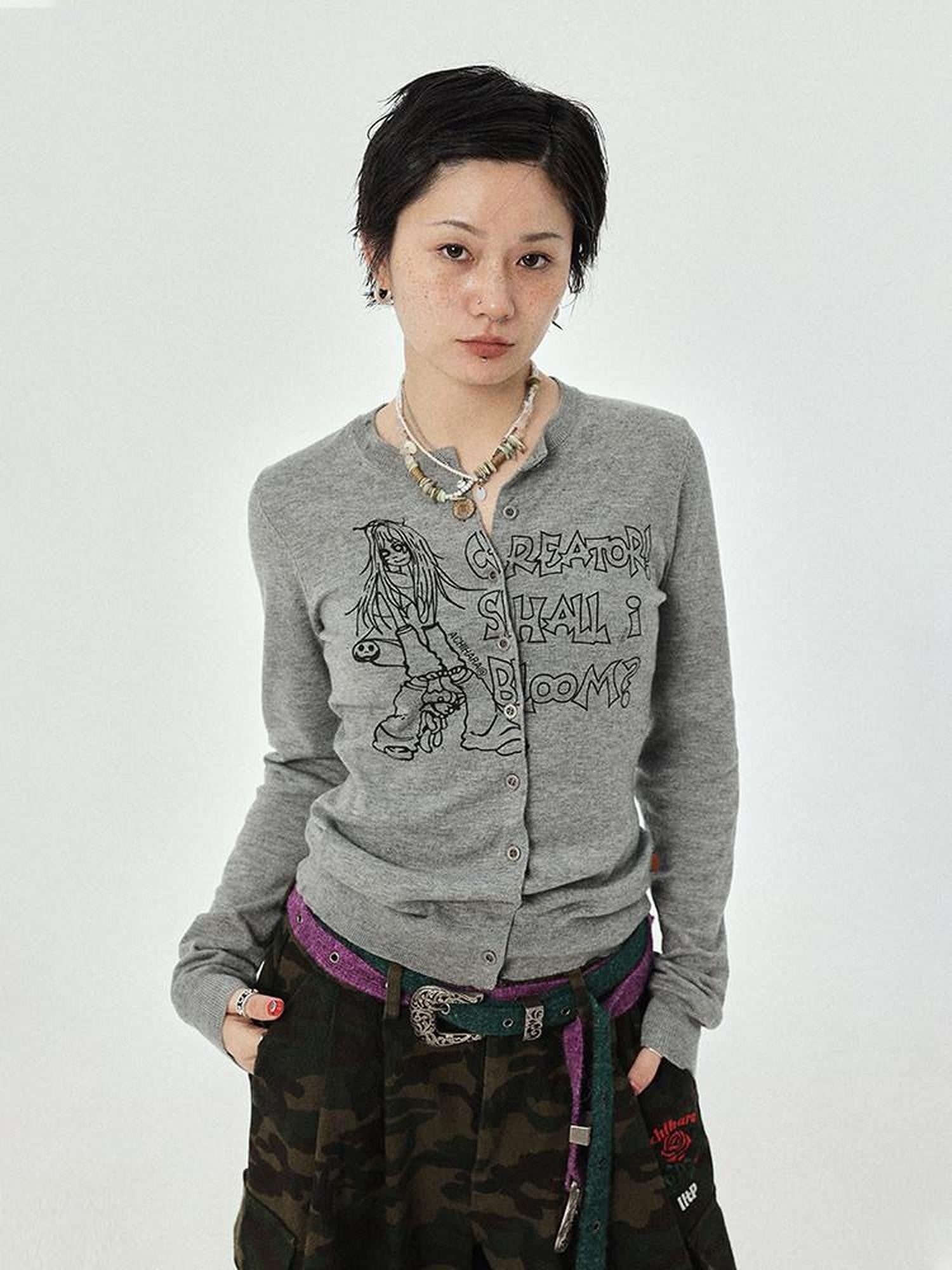 Achihara Cropped Manga Print Round Neck Loose Fit Women&