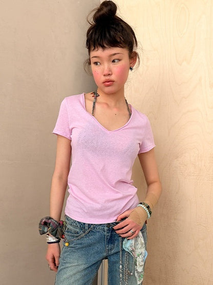 Achihara_Cropped_Raw_Hem_V-neck_Slim_Fit_Women&