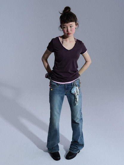 Achihara Cropped Raw Hem V-neck Slim Fit Women&