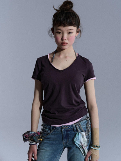 Achihara Cropped Raw Hem V-neck Slim Fit Women&