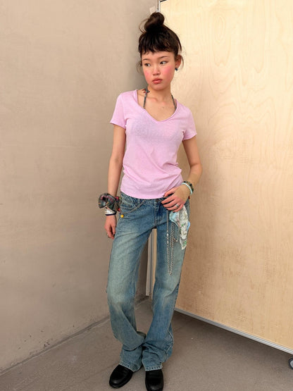 Achihara Cropped Raw Hem V-neck Slim Fit Women&