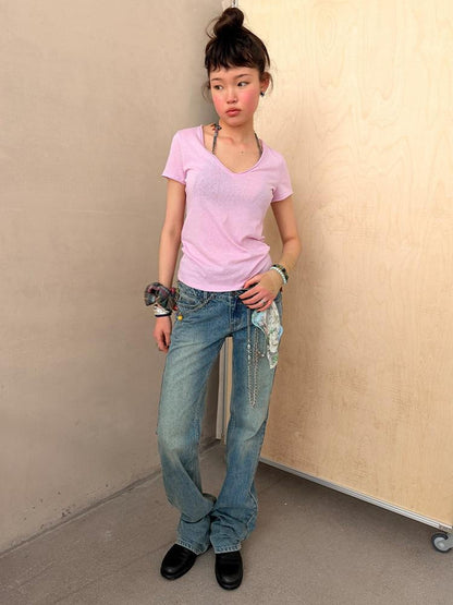 Achihara Cropped Raw Hem V-neck Slim Fit Women&