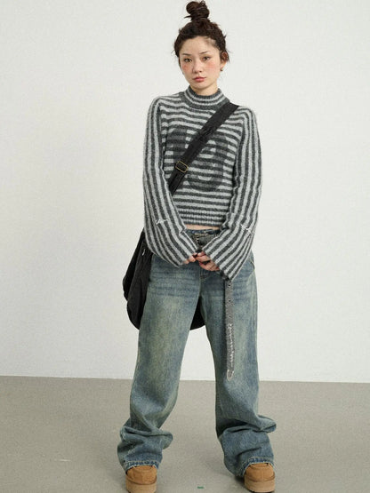 Dadaist Stripe Knit Sweater V-Neck T-Shirt Long-Sleeve