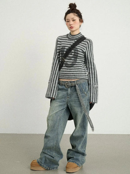 Dadaist Stripe Knit Sweater V-Neck T-Shirt Long-Sleeve