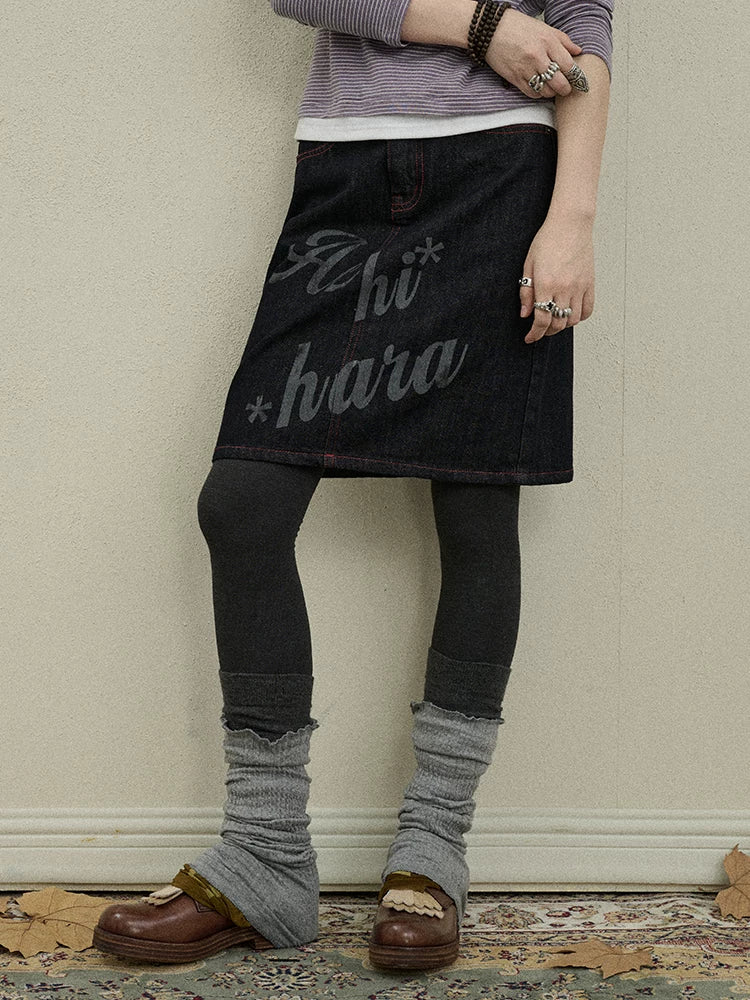 Achihara Denim Print Mini Skirt 2025 Spring Autumn Casual Wear-1