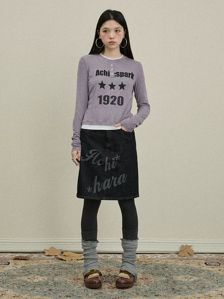 Achihara Denim Print Mini Skirt 2025 Spring Autumn Casual Wear-2
