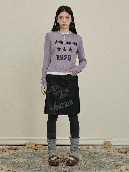 Achihara Denim Print Mini Skirt 2025 Spring Autumn Casual Wear-2