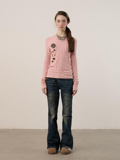 Achihara Derong Viscose Spandex Polka Dot Long Sleeve Straight Fit Women T-Shirt