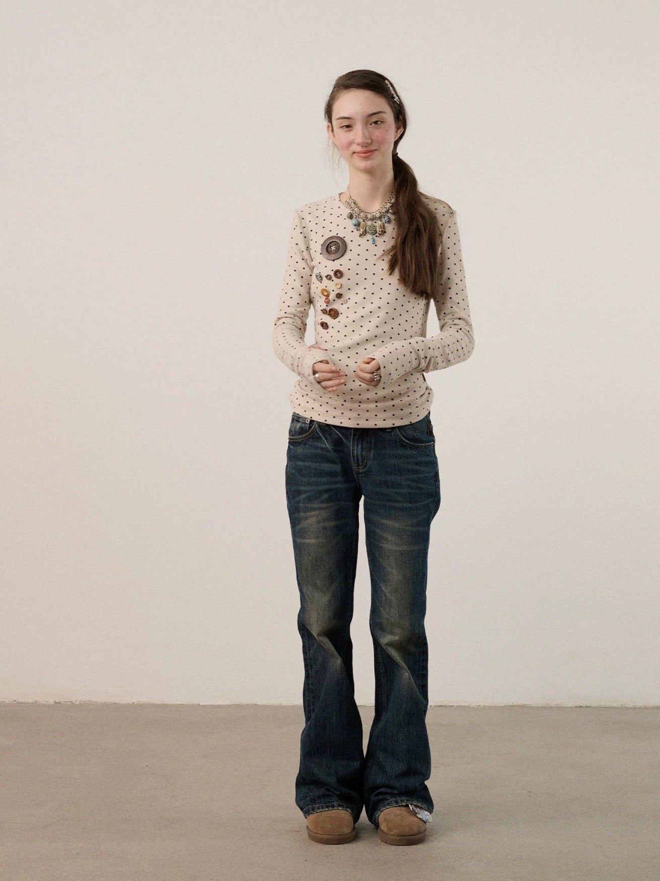 Achihara Derong Viscose Spandex Polka Dot Long Sleeve Straight Fit Women T-Shirt