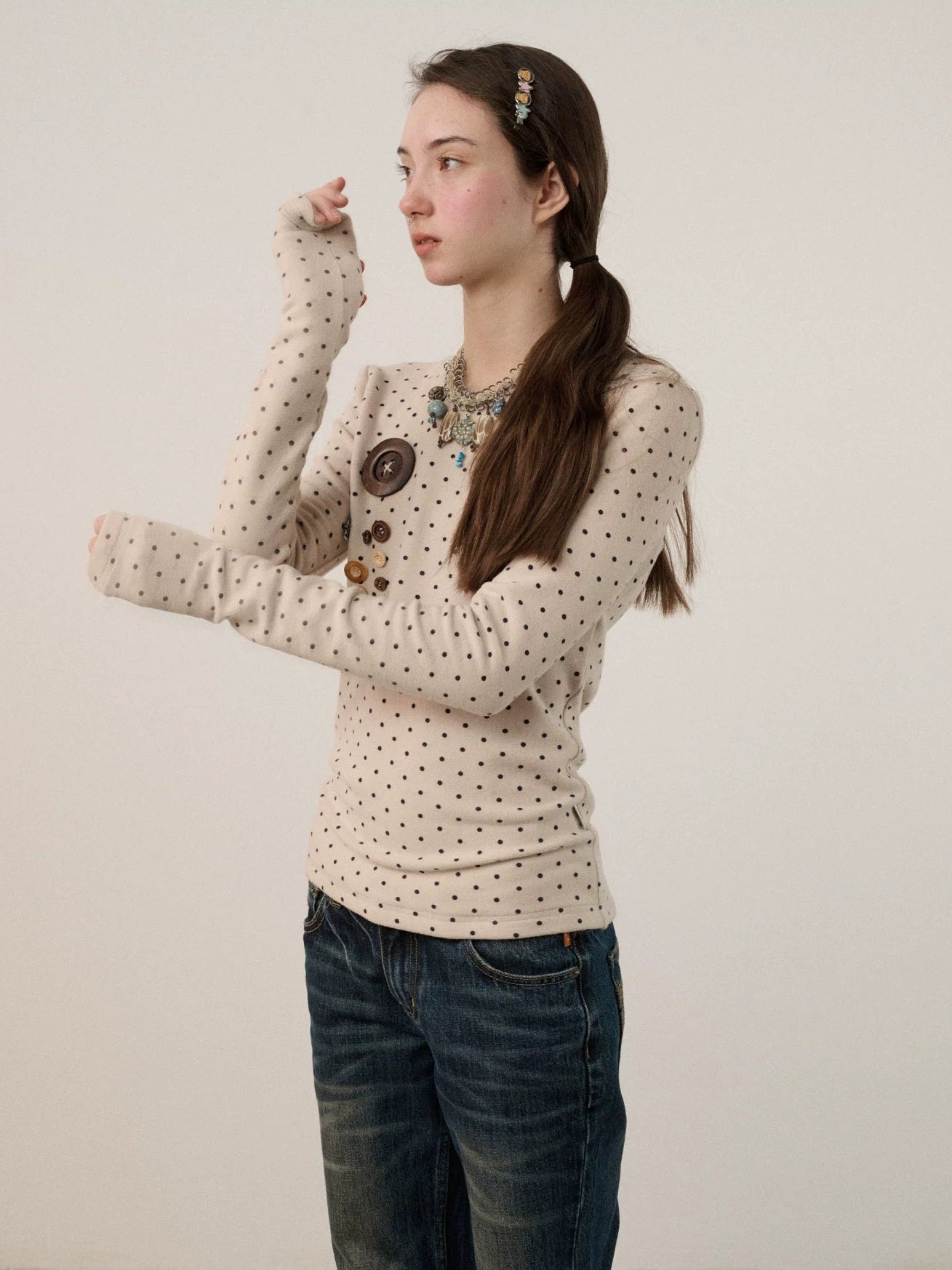 Achihara Derong Viscose Spandex Polka Dot Long Sleeve Straight Fit Women T-Shirt