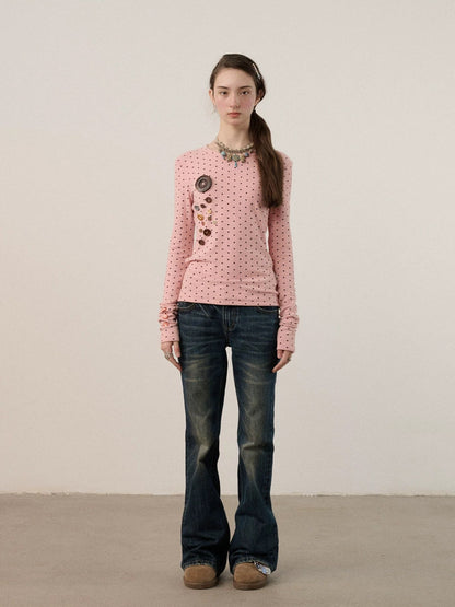 Achihara Derong Viscose Spandex Polka Dot Long Sleeve Straight Fit Women T-Shirt