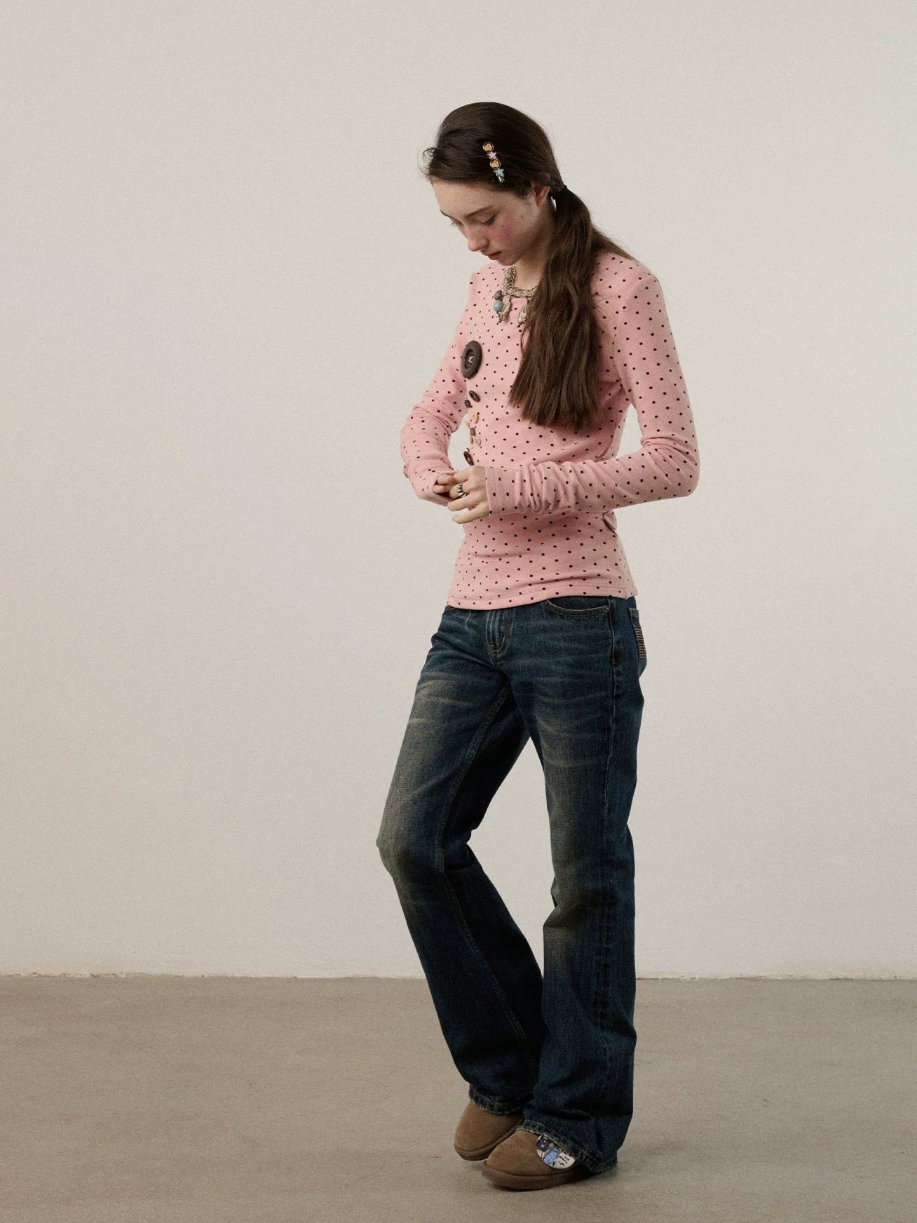 Achihara Derong Viscose Spandex Polka Dot Long Sleeve Straight Fit Women T-Shirt