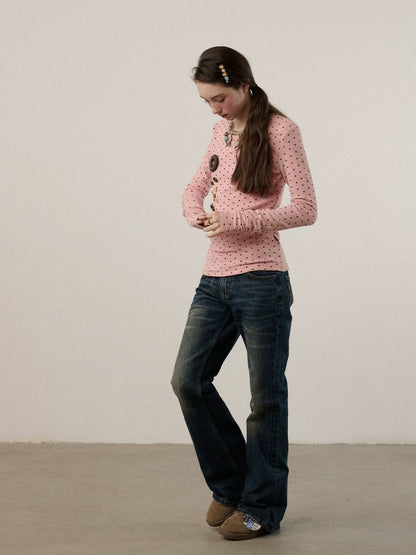 Achihara Derong Viscose Spandex Polka Dot Long Sleeve Straight Fit Women T-Shirt