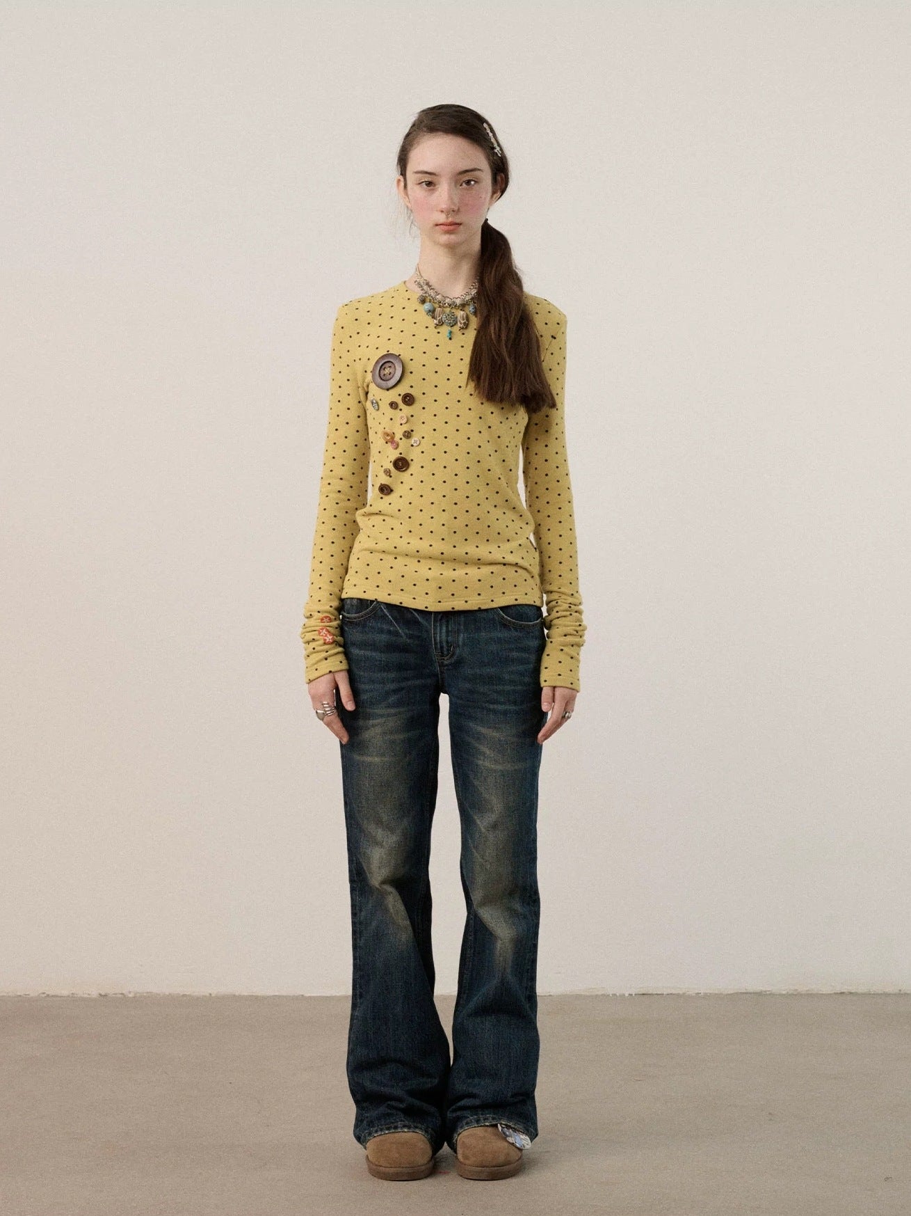 Achihara Derong Viscose Spandex Polka Dot Long Sleeve Straight Fit Women T-Shirt