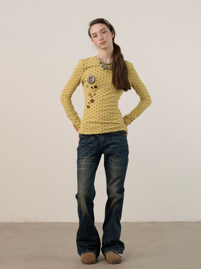 Achihara Derong Viscose Spandex Polka Dot Long Sleeve Straight Fit Women T-Shirt