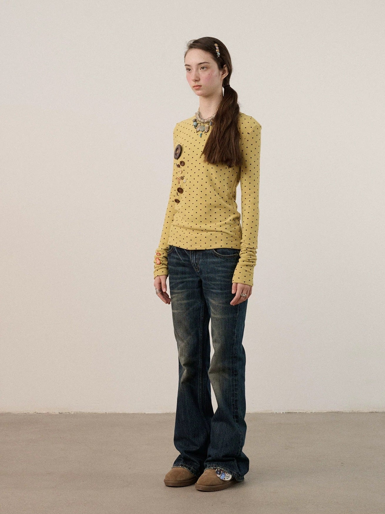 Achihara Derong Viscose Spandex Polka Dot Long Sleeve Straight Fit Women T-Shirt