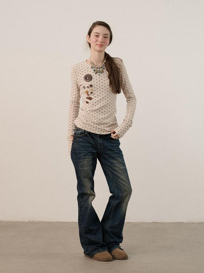 Achihara Derong Viscose Spandex Polka Dot Long Sleeve Straight Fit Women T-Shirt