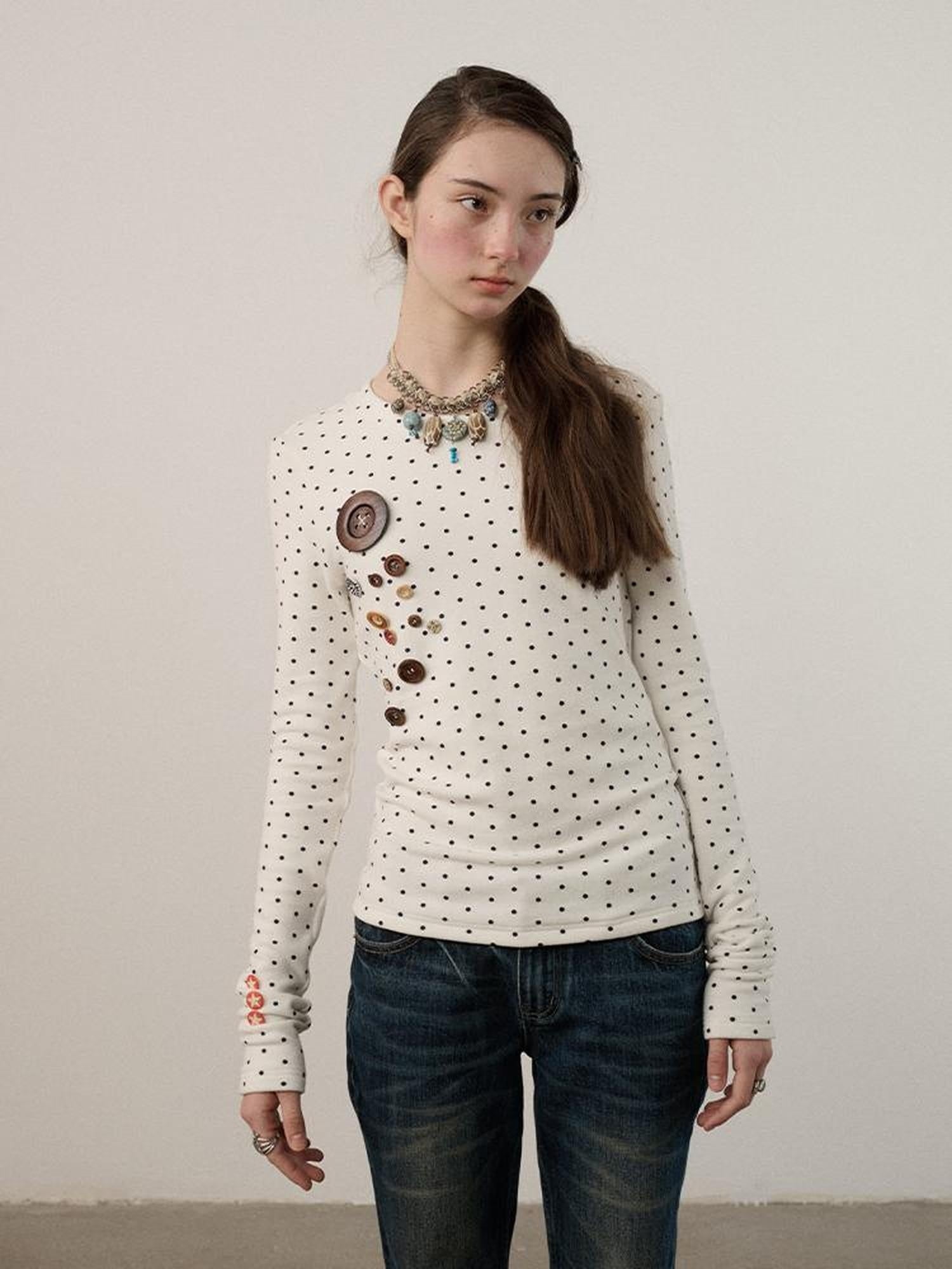 Achihara Derong Viscose Spandex Polka Dot Long Sleeve Straight Fit Women T-Shirt