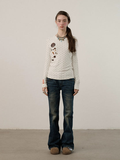 Achihara Derong Viscose Spandex Polka Dot Long Sleeve Straight Fit Women T-Shirt