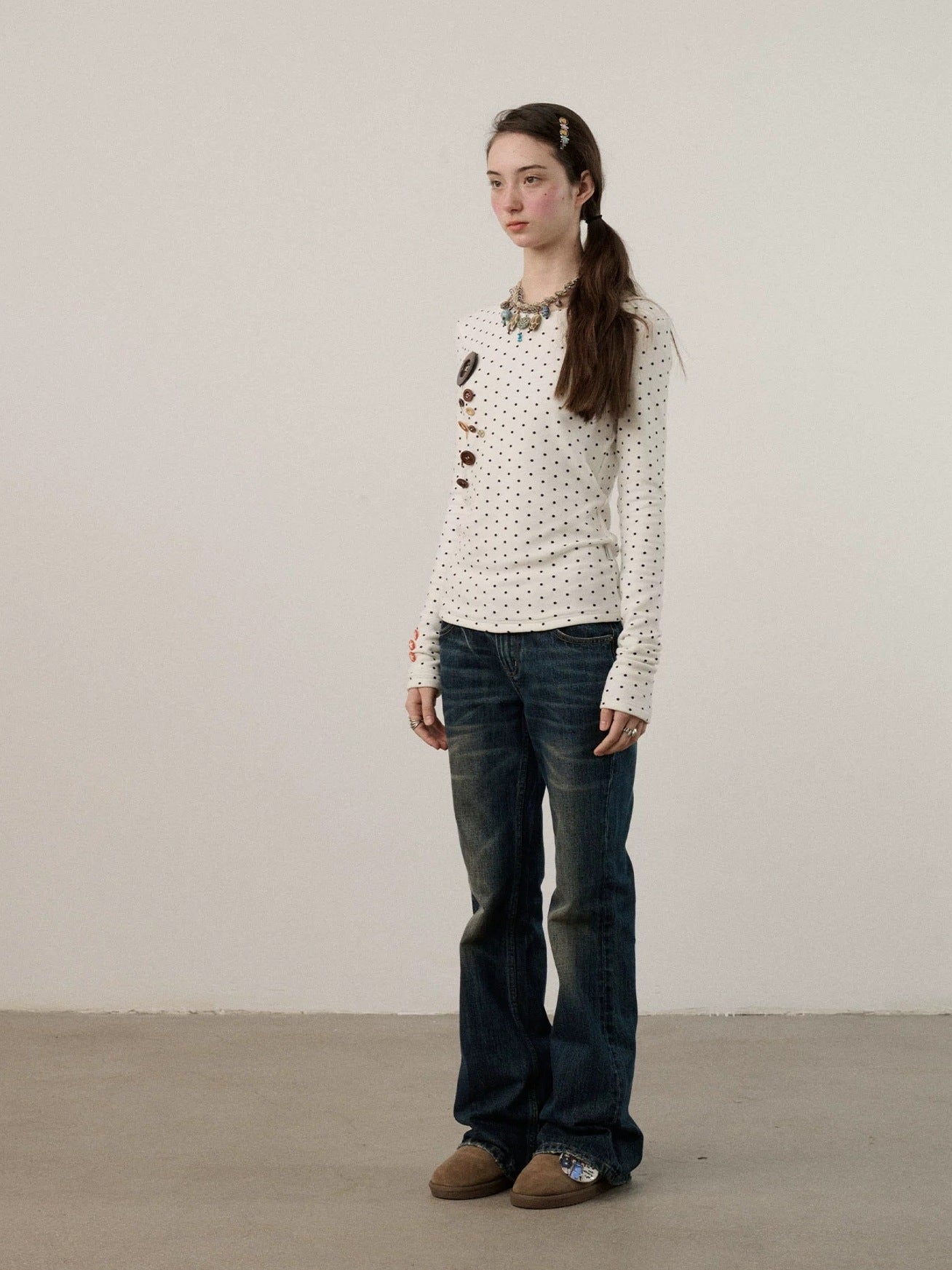 Achihara Derong Viscose Spandex Polka Dot Long Sleeve Straight Fit Women T-Shirt