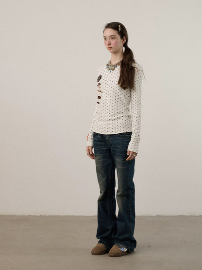 Achihara Derong Viscose Spandex Polka Dot Long Sleeve Straight Fit Women T-Shirt