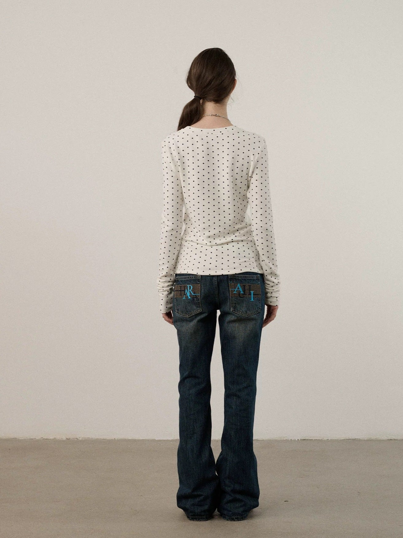 Achihara Derong Viscose Spandex Polka Dot Long Sleeve Straight Fit Women T-Shirt