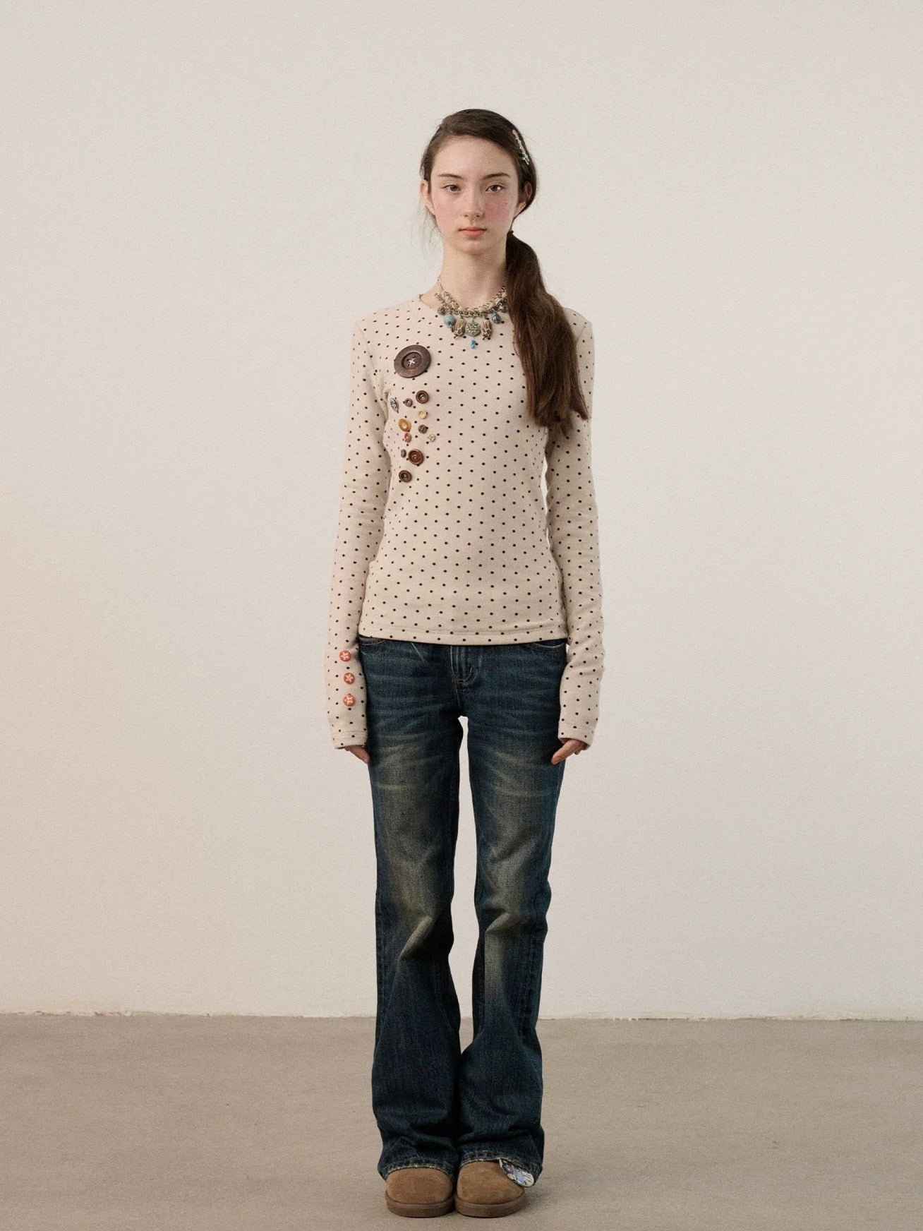 Achihara Derong Viscose Spandex Polka Dot Long Sleeve Straight Fit Women T-Shirt