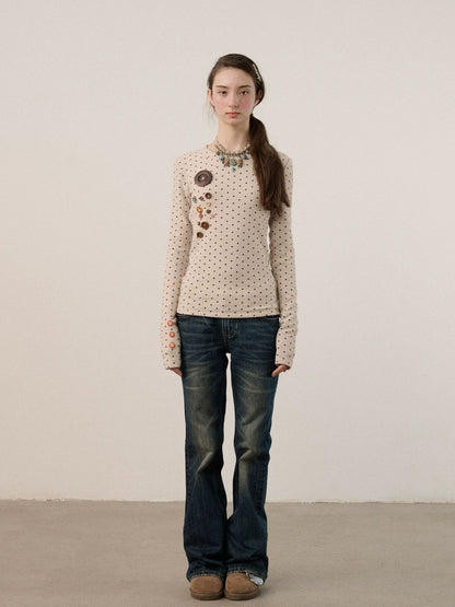 Achihara Derong Viscose Spandex Polka Dot Long Sleeve Straight Fit Women T-Shirt