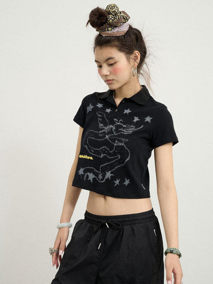 Achihara Digital Dragon Polo Tee V-neck T-shirt Long-Sleeve