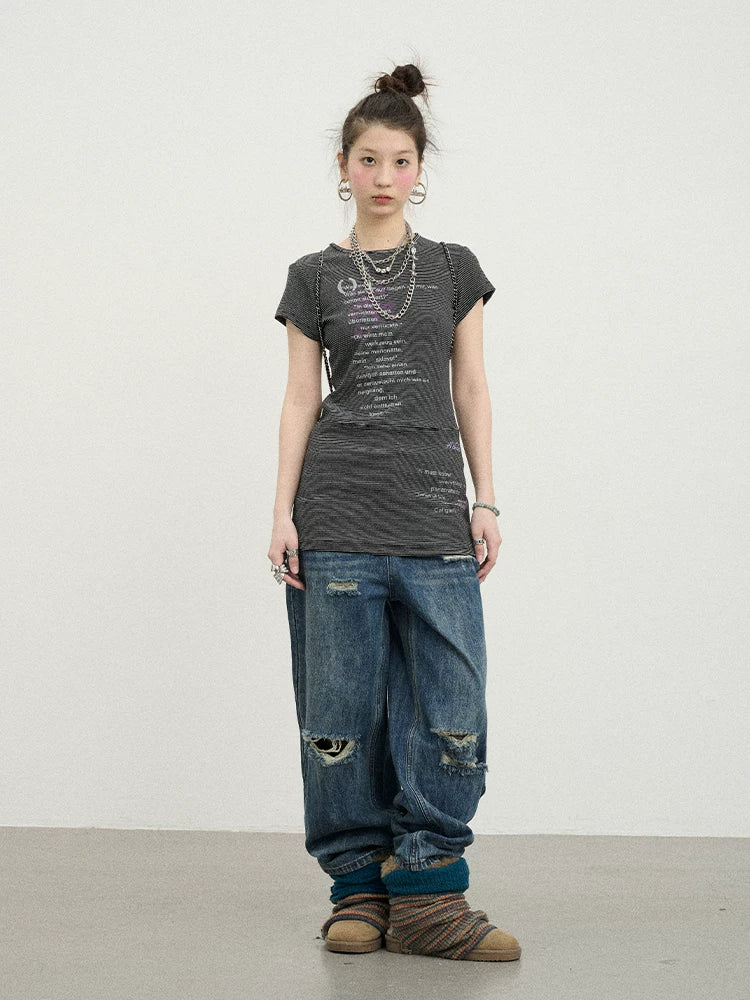 Achihara Distorted Pixel Stripe V Neck T Shirt Long Sleeve-1