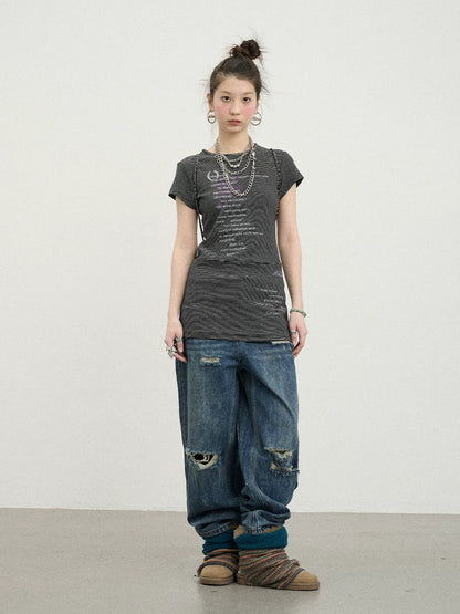 Achihara Distorted Pixel Stripe V Neck T Shirt Long Sleeve-1