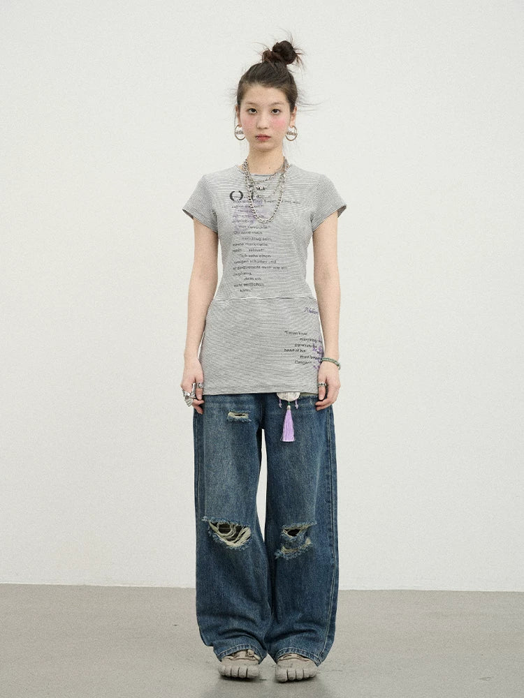 Achihara Distorted Pixel Stripe V Neck T Shirt Long Sleeve-2