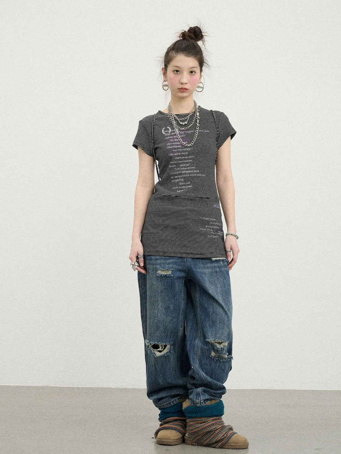 Distorted Pixel Stripe V Neck T Shirt Long Sleeve