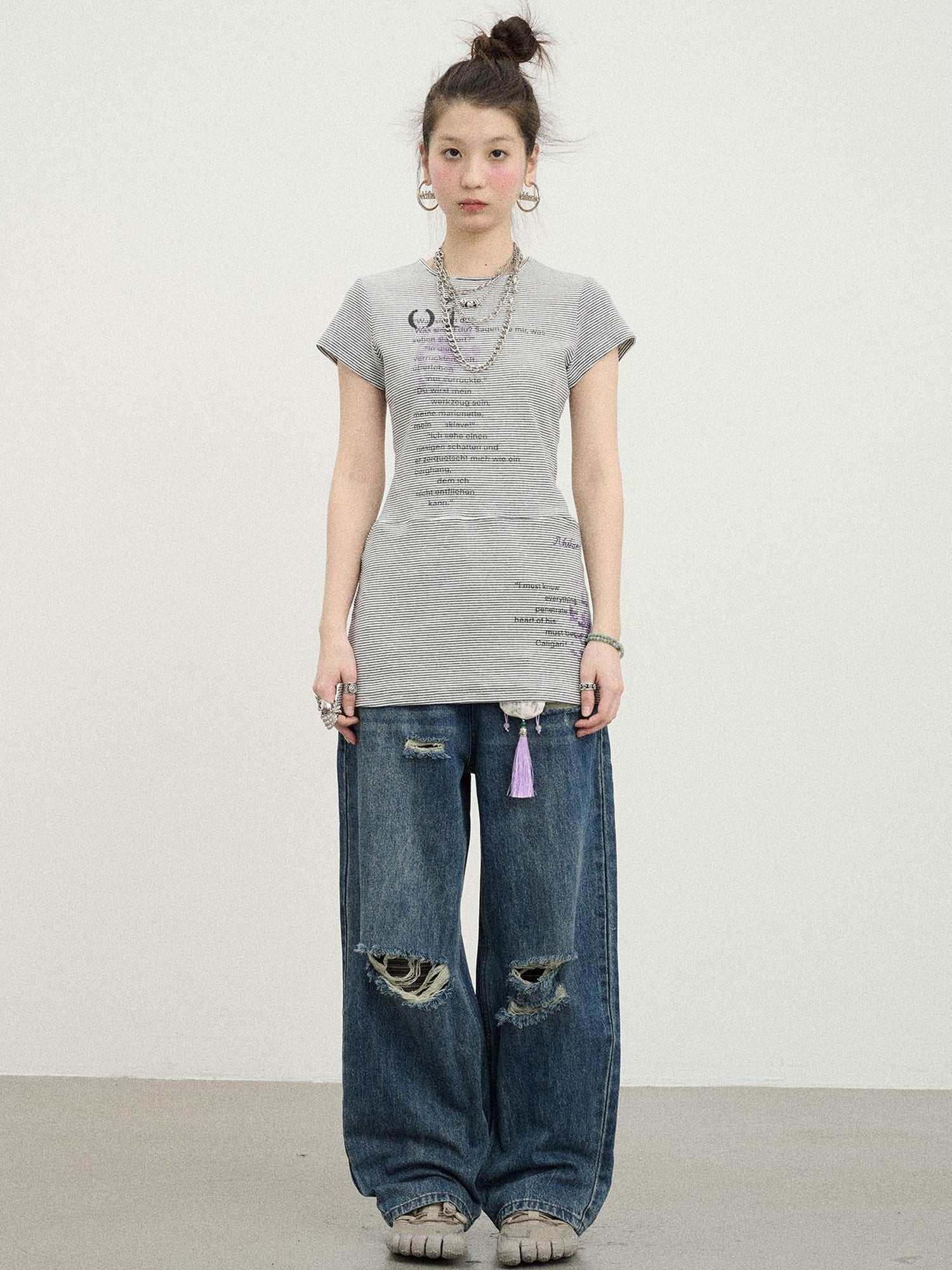Achihara Distorted Pixel Stripe V Neck T Shirt Long Sleeve
