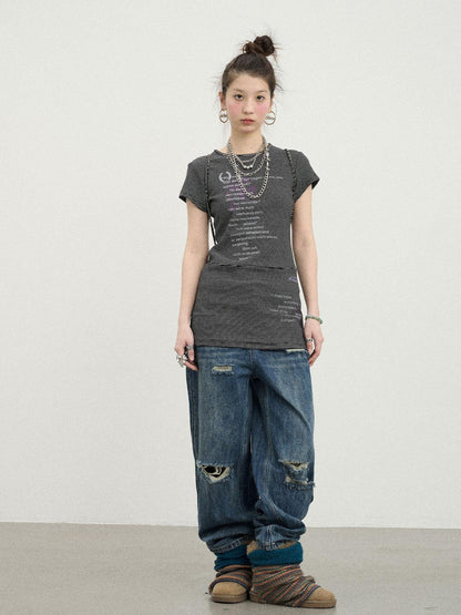 Achihara Distorted Pixel Stripe V Neck T Shirt Long Sleeve