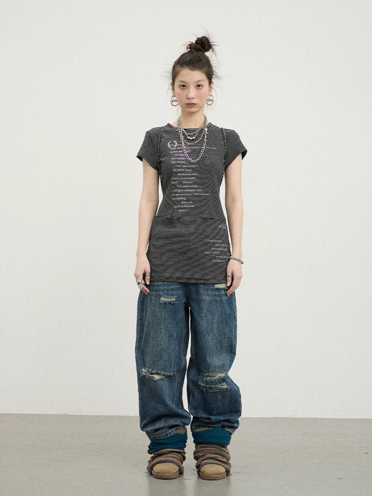 Achihara Distorted Pixel Stripe V Neck T Shirt Long Sleeve-3