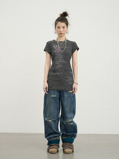 Achihara Distorted Pixel Stripe V Neck T Shirt Long Sleeve-3
