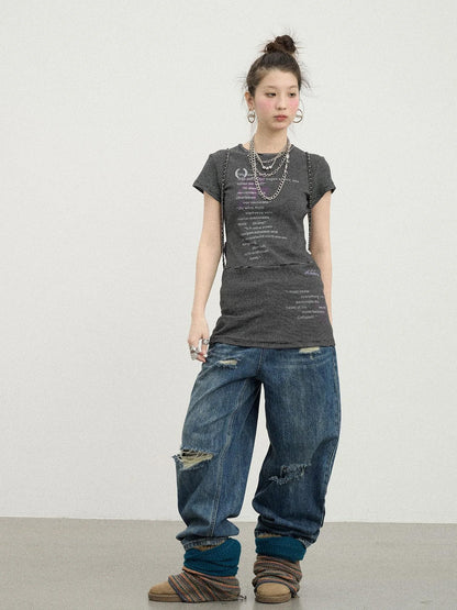 Distorted Pixel Stripe V Neck T Shirt Long Sleeve